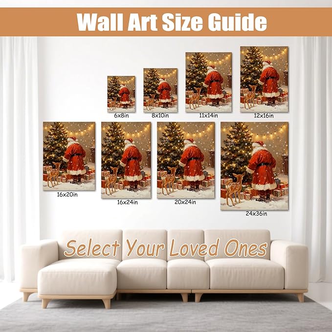 Santa's Reindeer & Christmas Tree Canvas Wall Art - Vintage Framed Canvas Prints for Living Room & Office, Festive Christmas Wall Decor Ready to Hang, Unique Christmas Gifts & Holiday Winter Decor