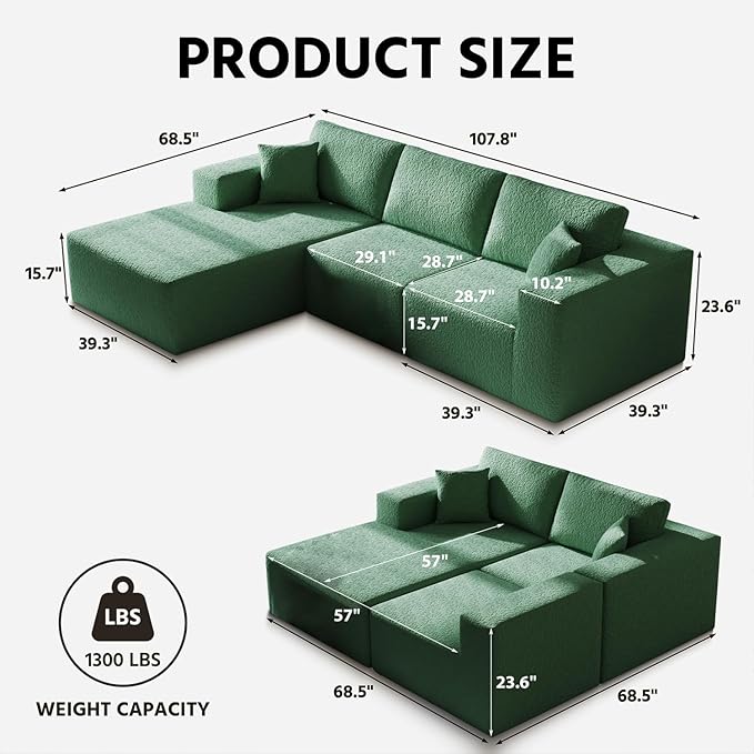108" Cloud Modular Sectional Couch with L-Shape Chaise, Modern Sectional Sofa with Deep Seat Couch, Ultra Soft Knit Fabric Couches for Living Room, No Assembly Required, Left Facing Chaise (Green)