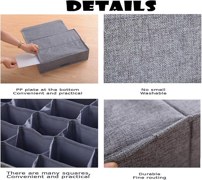 AARAINBOW 2 Packs Underwear Socks Storage Organizer with Lids Foldable Closet Drawer Organizer 46 Cells, Drawer Organizer Bins for Ties Scarves Lingerie Bra Fabric Dividers (30+16 Cell, 2 Gray)