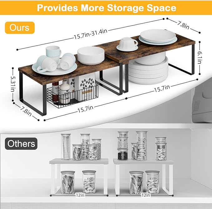 Cabinet Shelf Organizers, 15.7 inches Large Kitchen Counter Shelf, Set of 4 Wood Kitchen Pantry Organizer, Storage Shelves for Countertop, Spice Rack, Stackable, Expandable, Metal Black, Brown
