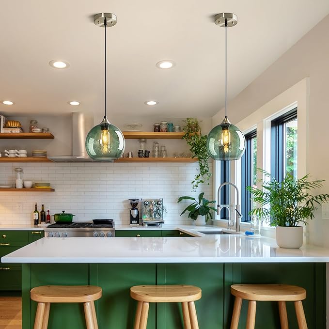 Gray Green Glass Pendant Lights Kitchen Island Lighting Globe Pendant Light Fixtures Modern Pendant Lighting for Bedroom Living Dining Room Light Fixture(7.87in, 2 Pack)