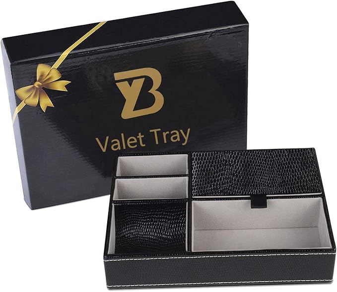 Baoyun Men's Valet Tray, Faux Leather Valet Box, EDC Catch All Tray, Dresser Top Nightstand Organizer with 5 Compartments for Smartphone, Keys, Wallet, Watch