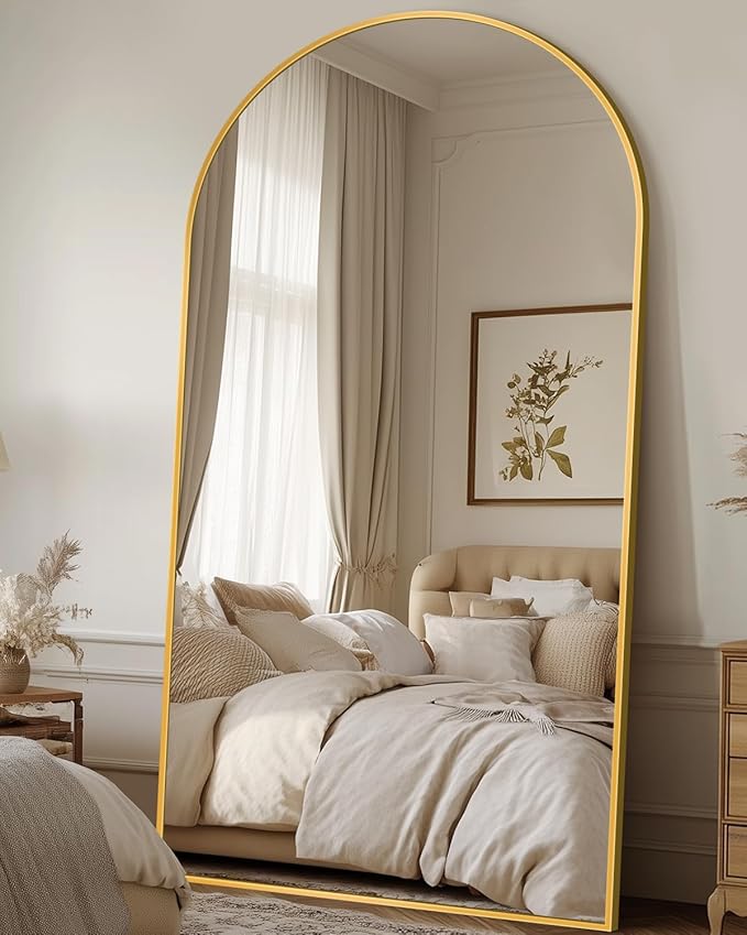 Antok Full Length Mirror, 78"x38" Floor Mirror with Stand, Hanging Mounted Mirrors for Bedroom, Living Room, Cloakroom, Dining Room, Gold, Arched