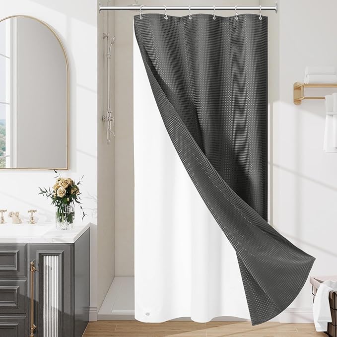 3 in 1 Stall Half Size Charcoal Grey Shower Curtain Set-36 W x 72 H, Modern Waffle Waterproof Fabric and PEVA Liner Set with Stainless Steel Hooks
