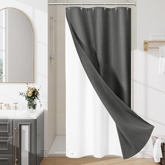 3 in 1 Stall Half Size Charcoal Grey Shower Curtain Set-36 W x 72 H, Modern Waffle Waterproof Fabric and PEVA Liner Set with Stainless Steel Hooks