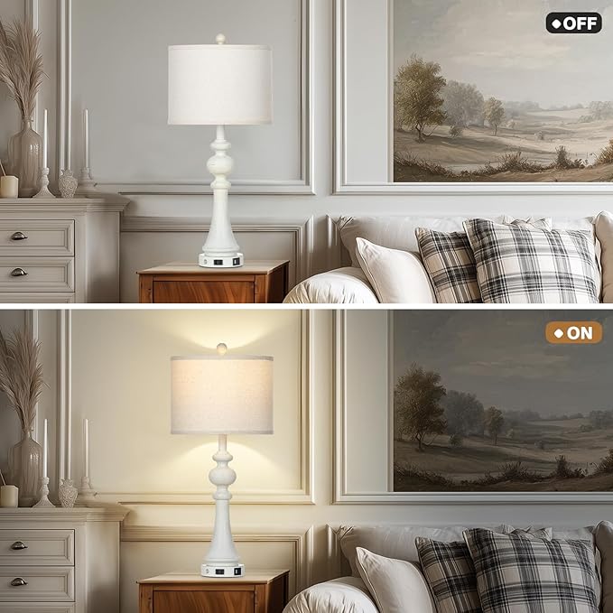 28" Farmhouse Table Lamps Set of 2, Vintage Bedside Lamps with USB A+C Charging Ports & AC Outlet, 3-Way Dimmable Touch Control Nightstand Lamp for Living Room Bedroom Wash White(2 LED Bulbs Included)