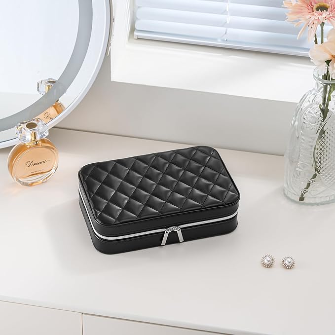 Lolalet Travel Jewelry Case for Women, Travel Jewelry Organizer Box with Mirror & Clear Storage Bag, Small Portable Traveling Earring Necklace Bracelet Ring Case, Bridesmaid Gifts -Medium, Black