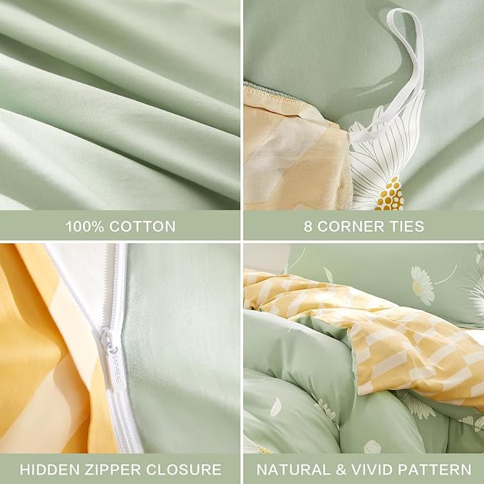 SAPHREAS White Daisy Floral King Size Duvet Cover Set 3pcs Green Bedding Comforter Cover Set 100% Cotton 1 Duvet Cover 104"x90" 2 Pillow Shams, Comforter Not Included