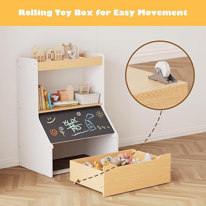 KORIMEFA 37.4" Tall Toy Box & Chalkboard Lid Wood Toddler Bookcase and Kid Toy Storage Bin & Organizer, White
