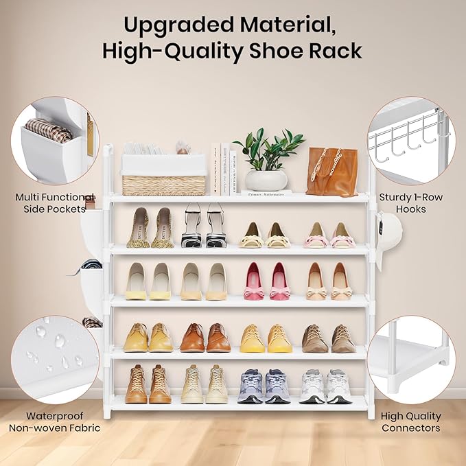 Shoe Rack for Closet Shoe Organizer Space Saver Storage for 20-25 Pair Shoe Shelf with Hook and Side Pocket Free Standing 5 Tier Shoe Rack Organizer for Entryway,Small Spaces, White