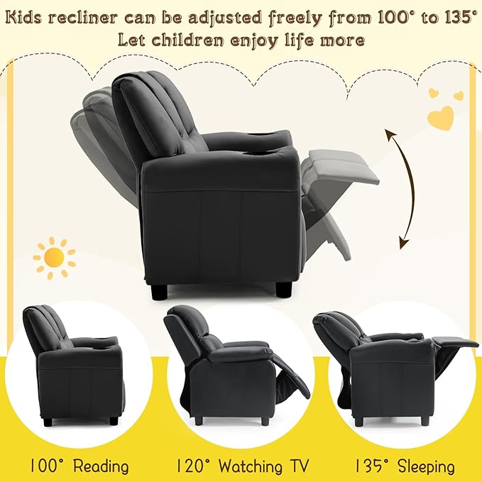 AVAWING Toddler Recliner, Double Kids Couch with Cup Holder, PU Leather Kids Sofa, Kids Loveseat w/Adjustable Footrest & Headrest for Boys and Girls 3+ Age Group, Classic Black