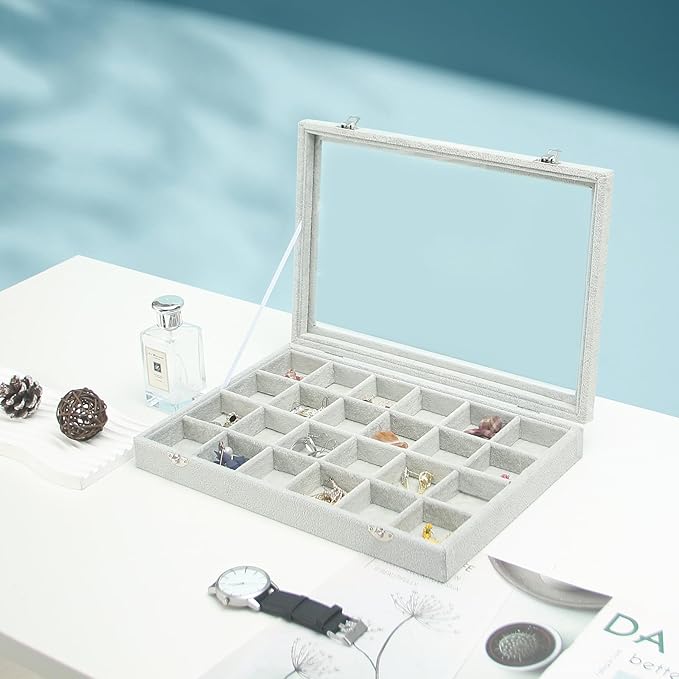 Coward Jewelry Organizer Tray Box, 24 Grids Ring Earring Chain Bracelet Necklace Jewelry Bead Display Holder Tray Case with Transparent Glass Lid for Home Drawer or Shop Selling