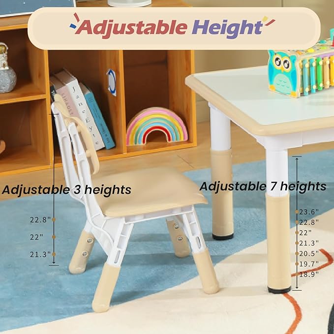 Kids Table and 2 Chair Set, Toddler Table and Chair Set Height Adjustable, 31.5''L x 23.6''W Multifunctional Kids Table for Reading, Drawing, Eating, for Ages 2-10, White Board + Beige