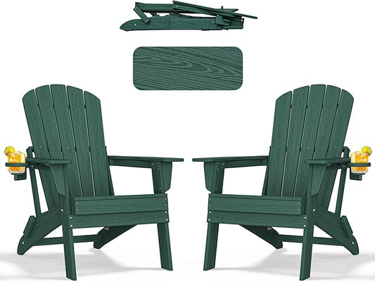 nevilywood Folding Adirondack Chair - Extended Ergonomic Backrest, Cup Holder - Easy Assembly - Durable HDPE Plastic, Weather Resistant & Maintenance-Free - Lawn, Patio, Deck Supports 380lbs Green