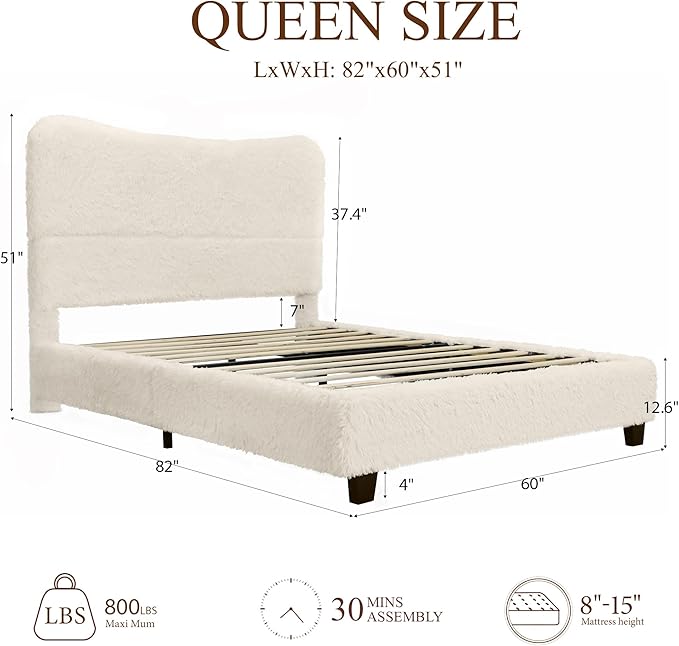 Brafab Queen Bed Frame with Headboard, Boho Fluffy Boucle Cloud Upholstered Platform Bed with Soft Rounded Corners and Wooden Slats, No Box Spring Needed, Noise Free, Easy Assembly, Beige