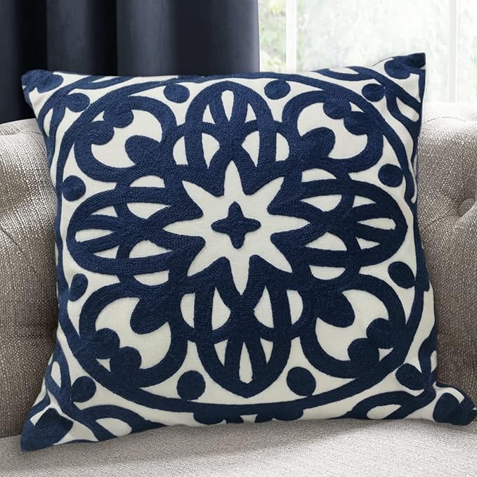 Alysheer Embroidered Decorative Throw Pillow Cover 20"x 20", Boho Mandala Modern Thick Embroidery Pattern, Durable Cotton Canvas Soft Cushion Case for Sofa Couch Bed Living Room (Navy Blue)