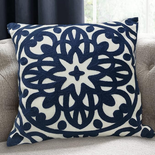 Alysheer Embroidered Decorative Throw Pillow Cover 20"x 20", Boho Mandala Modern Thick Embroidery Pattern, Durable Cotton Canvas Soft Cushion Case for Sofa Couch Bed Living Room (Navy Blue)