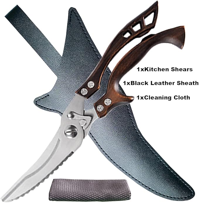 ANDONG Kitchen Scissors, Heavy Duty Professional Poultry Shears, Stainless Steel Spring Loaded, Dishwasher Safe, with Black Leather Sheath