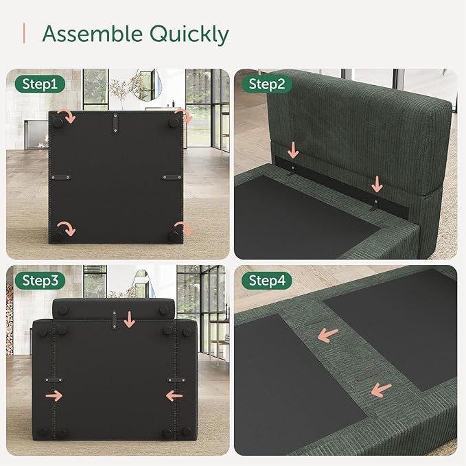 HONBAY Modular Sectional Sofa with Storage Corduroy U Shaped Sofa Modular Sectional Couches for Living Room,Green