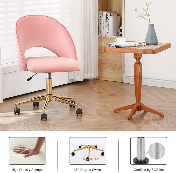 Furnimart Pink Armless Desk Chair, Swivel Velvet Vanity Chair with Gold Legs, Cute Task Chair with Wheels for Girls Living Room Bedroom Studying Small Splaces (Pink)