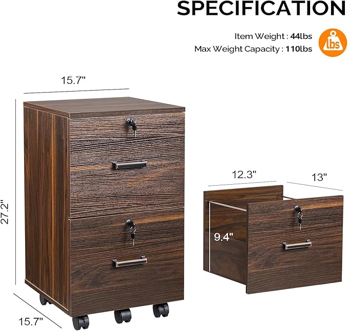 VINGLI 2 Drawer File Cabinet with Lock, Wood Dark Brown File Cabinets for Letter Size File Folders with Tabs, Under Desk Rolling Filing Cabinet for Home Office, Mobile File Organizer Printer Stand