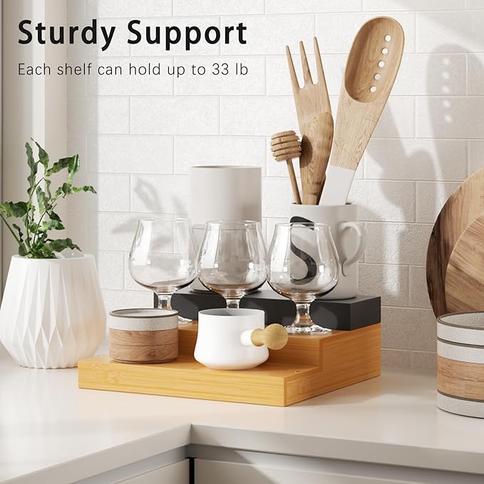 Spice Rack, Bamboo Spice Rack Kitchen Cabinet Organizer Expandable - Bamboo 3 Tier Figurine Display Shelf, Adjustable Magnetic 3 Tier Spice Racks, Brown & Black Combination