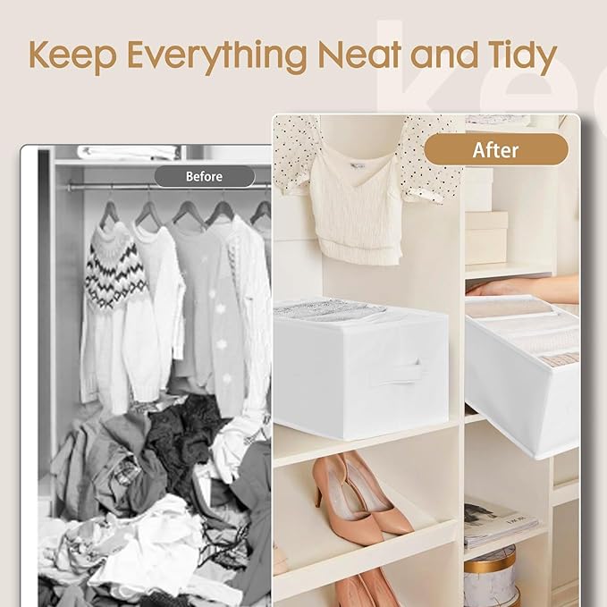 Criusia 6 Pack Large Clothes Organizer, Wardrobe Closet Organizer and Storage with Handles, Foldable Fabric Closet Organizers Dividers for Clothing, Pants, Jeans, Sweater, T-shirts, White