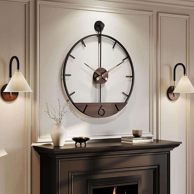Extra Large Wall Clock 36 Inch Modern Black Metal Clock with Walnut Wood Dial, Silent Non-Ticking Oversized Decorative Battery Powered Big Clock for Living Room, Kitchen, Office, Bedroom