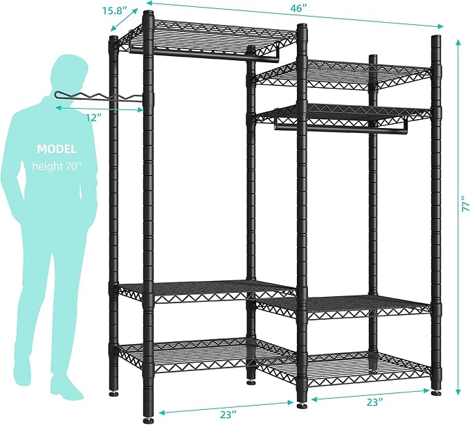 PUNION Clothing Rack 7 Tiers Heavy Duty Clothes Rack with 2 Hanging Rods, Wire Garment Racks for Hanging Clothes, Large Portable Metal Wardrobe Clothes, 48"L X 16"W X 77"H, Max Load 620lbs Black, GR7E
