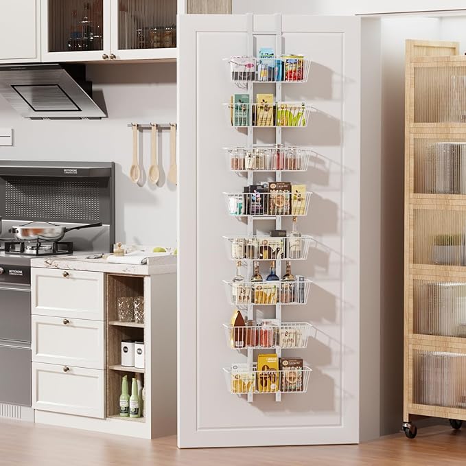 8-Tier Over Door Pantry Organizer with Mesh Baskets, Foldable Metal Hanging Spice Rack with 8 Baskets for Kitchen Organizers and Storage, for Home & Kitchen Laundry Room Bathroom Essentials, White