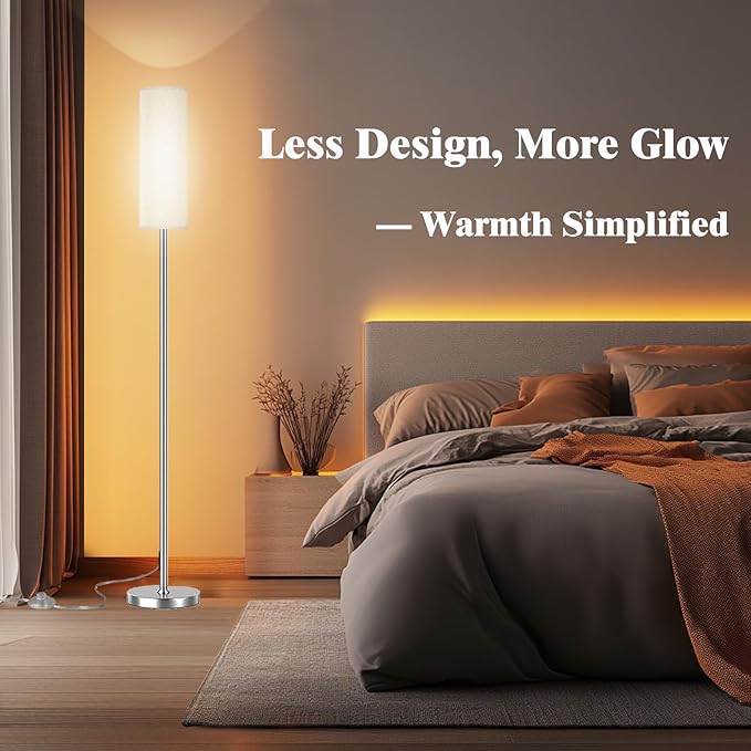 Floor Lamp for Living Room Bedroom, Modern Floor Lamp with Remote,Stepless Dimmable,Nickel Pole and Beige Linen lampshade （12W Bulb Included）