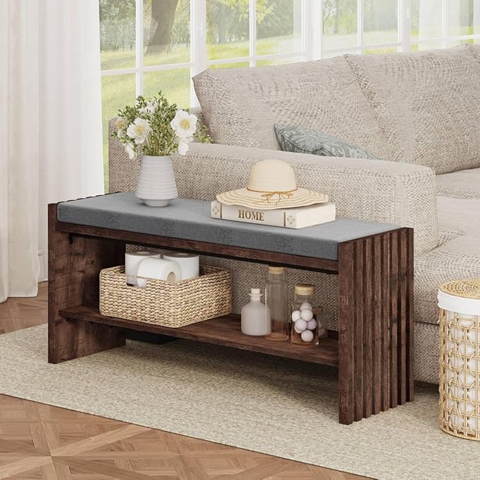 BON AUGURE Entryway Bench with Shoe Storage, 2-Tier Shoe Rack Bench with Cushion, Wood Benches for Bedroom, Living Room, Mudroom, Hall (Rustic Oak, 40 in Wide)