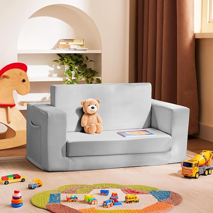 Kids Couch, 2-in-1 Toddler Chair Comfy 1-3 Years, Convertible Kids Chair, Toddler Couch That Fold Out, Kid Lounge Chairs for Boys and Girls, Soft Coral Fleece, Double, Grey