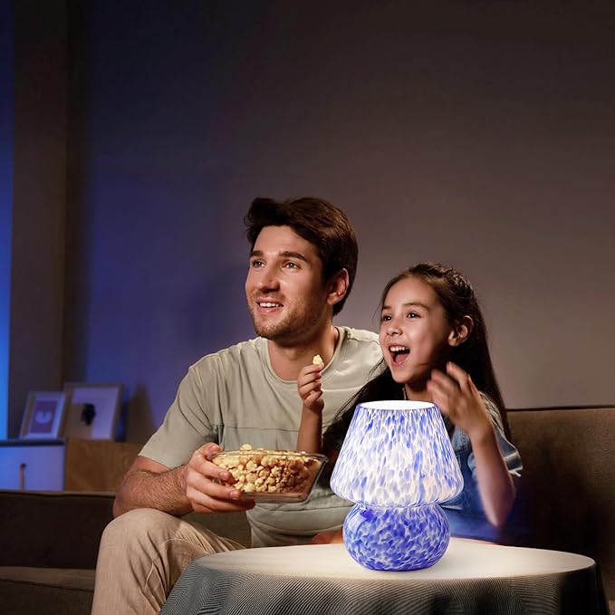 Mushroom Table Lamp, Ocean Blue Translucent Glass - Cute Mid-Century Modern Bedside Light, Nightstand Lamp for Bedroom & Living Room - Nordic Coastal Aesthetic Home Decor with Sleek Design