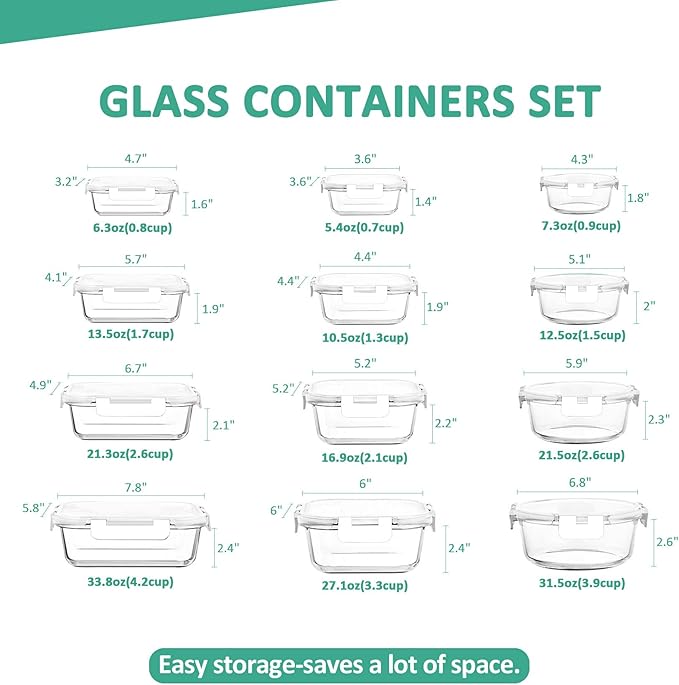 24 Pieces Glass Food Storage Containers Set,Glass Meal Prep Containers-Stackable Airtight Glass Storage Containers with lids,Freezer, Microwave, Oven Safe,White