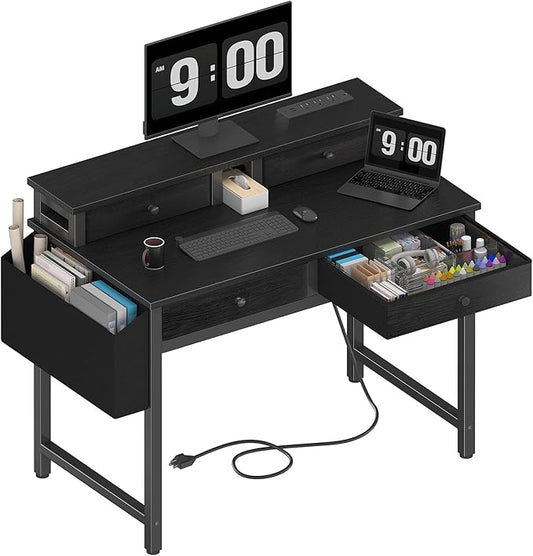 Lufeiya Small Desk with Drawers for Home Office Bedroom, 31 inch Black Writing Study Desks with Fabric Drawers Storage, Gaming Desk Table with Power Outlet & Monitor Stand, Black