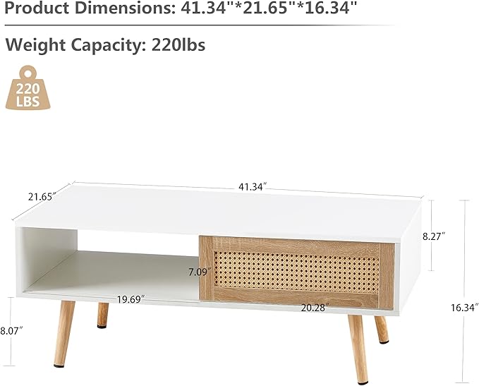 Rattan Coffee Table, 40.3" Mid Century Modern Coffee Table with Storage, Farmhouse Rectangle Wooden Accent Center Sofa Table for Living Room, White