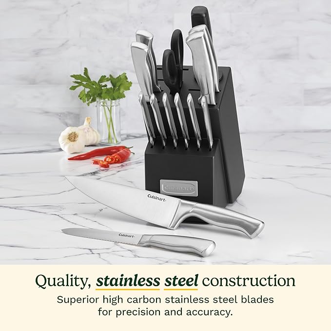 Cuisinart Stainless Steel Hollow Handle 15-Piece Cutlery Block Set, Kitchen Knife Set with Steel Blades for Precise Cutting, Durable Knives with Ergonomic Handles, C77SS-15PK