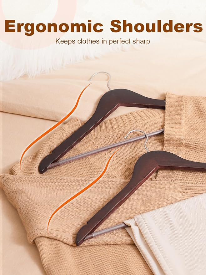 HOUSE DAY Cherry Wooden Hangers 20 Pack, Heavy Duty Wooden Coat Hanger for Closet, Solid Wood Hanger with Non Slip Pant Bar, Smooth Finish Wood Clothes Hangers for Shirts, Suits Jackets, Dress