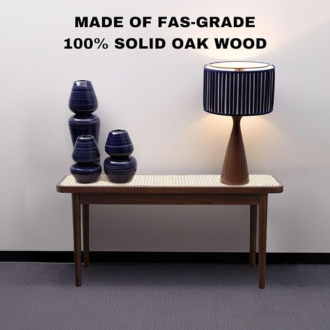 47.2'' Natural Rattan Dining Bench with 100% Solid Oak Wood Bench Frame, Bed End Shoe Ottoman for Kitchen Bedroom Entryway, Walnut