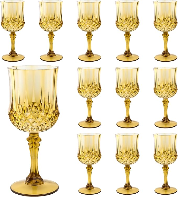 Plastic Wine Glasses，Plastic Goblets Vintage Style Cordial Drinking Glasses for Wedding Reception, Grand Event Party Supplies (12, Gold)