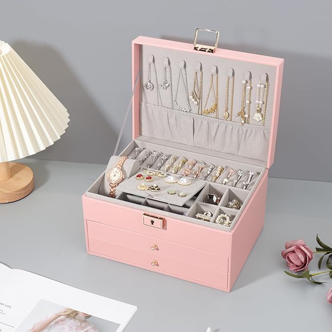 DesignSter Jewelry Box, Jewelry Organizer with 2 Drawers, 3 Layers Leather Jewelry Storage Box with Lock, Jewelry Storage Case for Necklaces Earrings Bracelets and Rings（Pink）