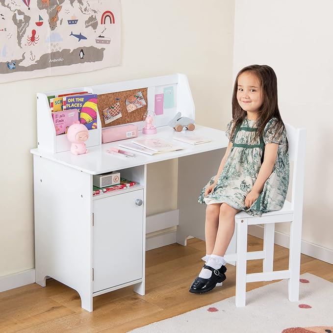 Costzon Kids Desk and Chair Set, Wooden Children Study Table with Storage, Hutch, Cork Bulletin Board, Whiteboard & Marker, Student Computer Workstation Writing Desk for Kids Bedroom, School, White