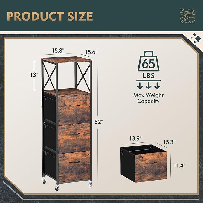 3 Drawers File Cabinet, Vertical Filing Cabinets for Home Office, Drawer with Adjustable Hanging Rail, A4/Letter Size Hanging File Folders, Open Shelf, Mobile Printer Stand, Rustic Brown