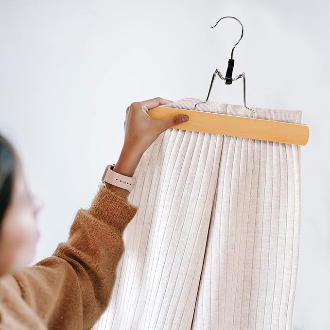 Nature Smile Wooden Pants Skirt Hangers, Smooth Finish Solid Wood Non Slip Jeans Slack Clamp Hangers Hair Extension Hangers (10 Pack Natural)…