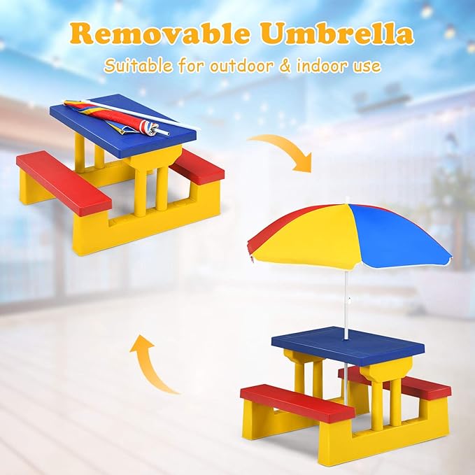 Costzon Kids Picnic Table, Indoor & Outdoor Table and Bench with Removable Umbrella, Portable Toddler Picnic Table and Chair Set for Garden, Backyard, Patio