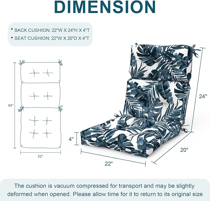 Set of 2 Outdoor High Back Chair Cushions 44"x 22",Water Repellent Rocking Seat Cushions Replacement, Seat/Back Chair Cushions for Patio,Porch,Balcony and Indoor - Palm Blue