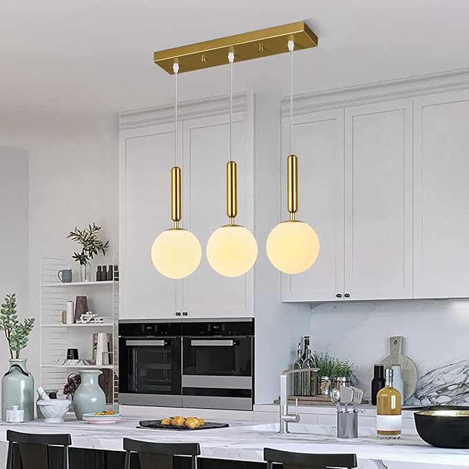 Modern Gold Pendant Light Hanging Fixture Light for Kitchen Island Mid Century with Globe Pendant Light Milk White Glass Pendant Lighting for Living Room Bedroom Entryway (3-Light)