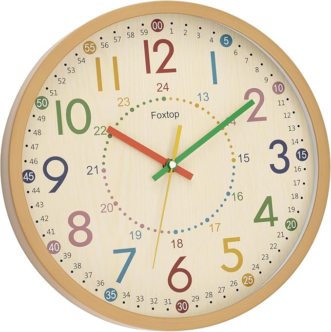 Foxtop Kids Wall Clock 12 Inch Silent Non-Ticking Battery Operated Colorful Childrens Wall Clock for Classroom Playroom Nursery Bedrooms Kids Room School