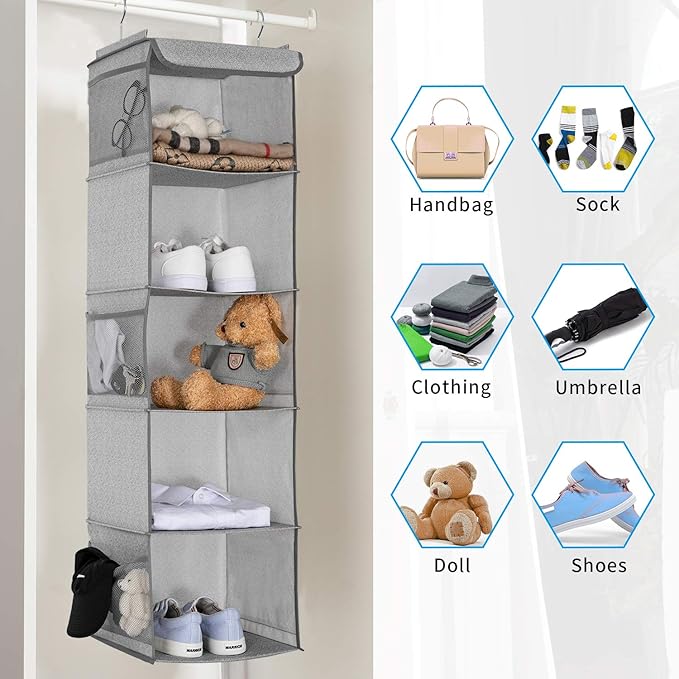 5 Shelves Hanging Closet Organizer, 2 Pack Hanging Storage with 6 Side Pockets for Clothes Bags, 43"x12"x12"(Light Gray)